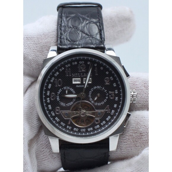 Millage Tourbillion Collection with Black on Silver Genuine Coroco Calf Leather - Picture 1 of 11
